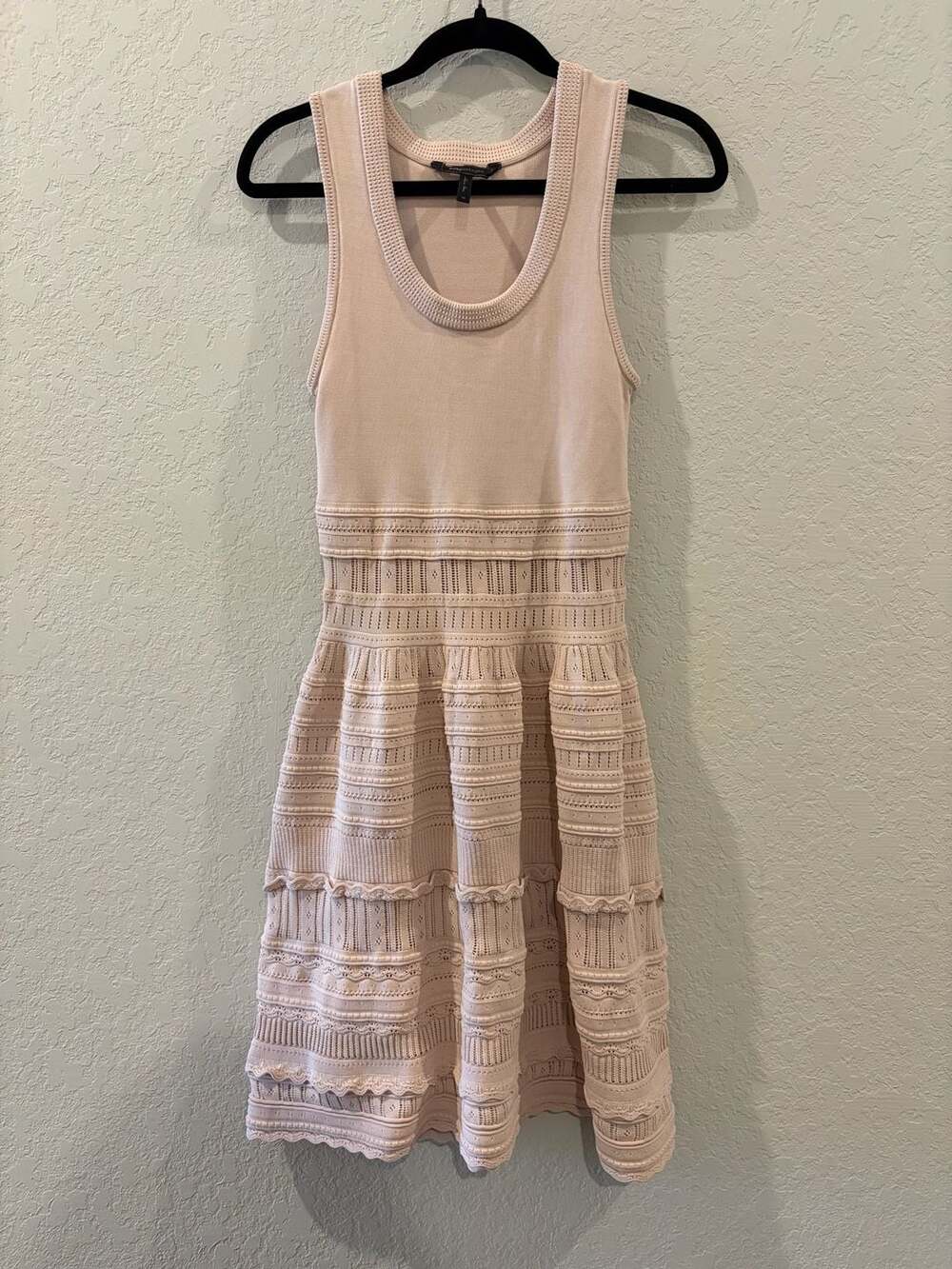 BCBGMAXAZRIA Sleeveless Pointelle Knit Fit-and-Flare Mini Dress in Nude/blush